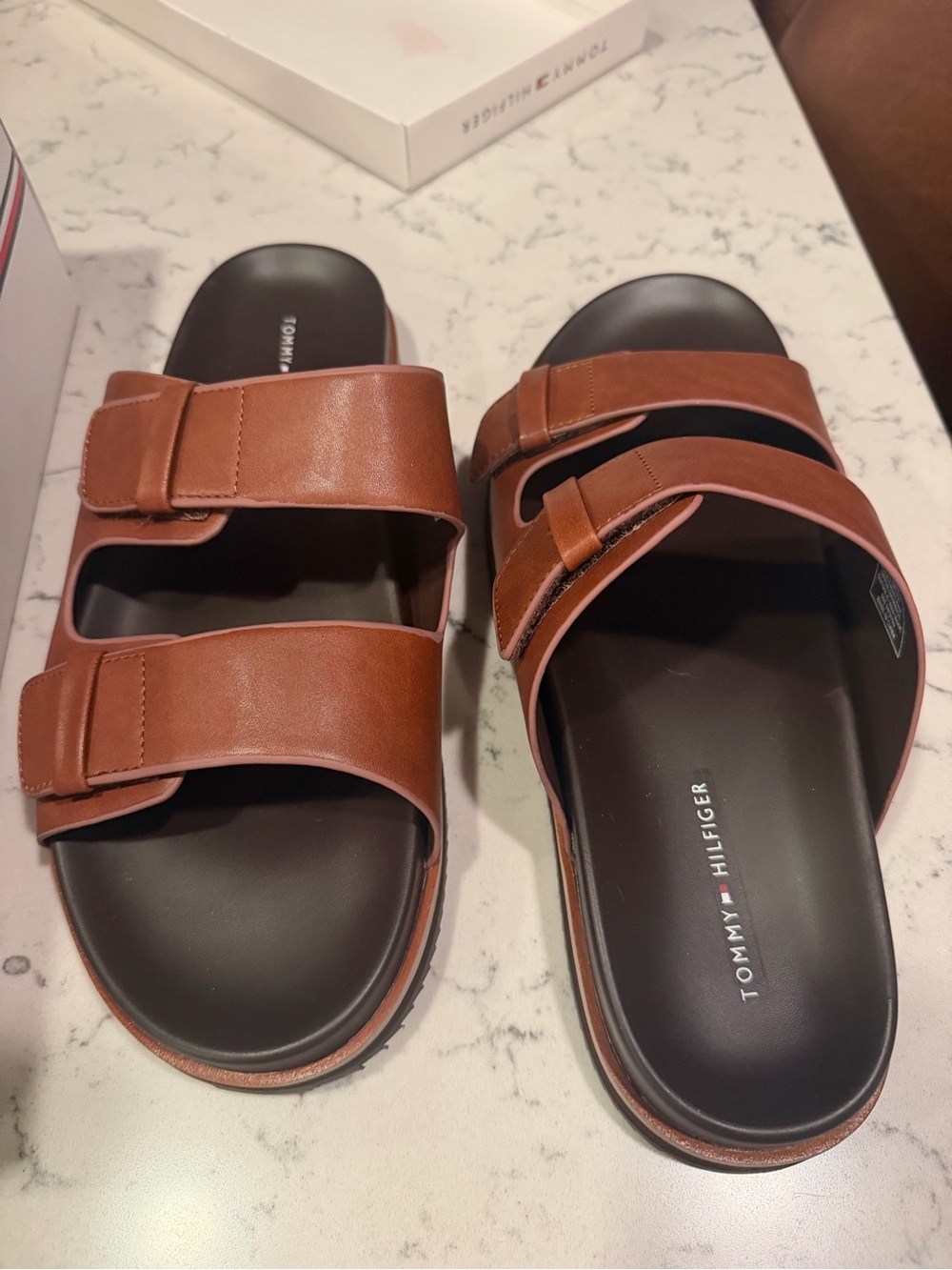 Tommy Hilfiger Men’s Tan Double-Strap Leather Slide Sandals